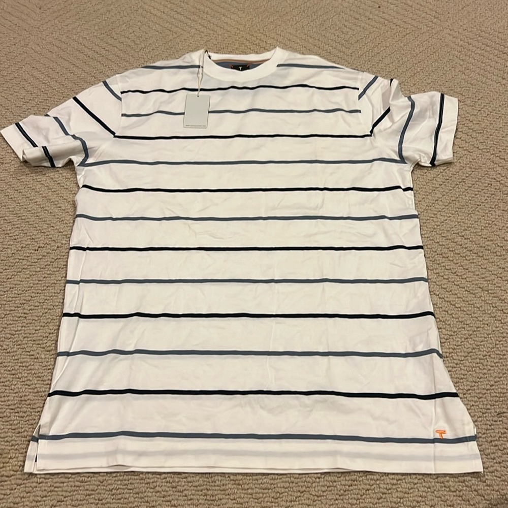 Men's designer NWT small, blue stripe, light weight tshirt.